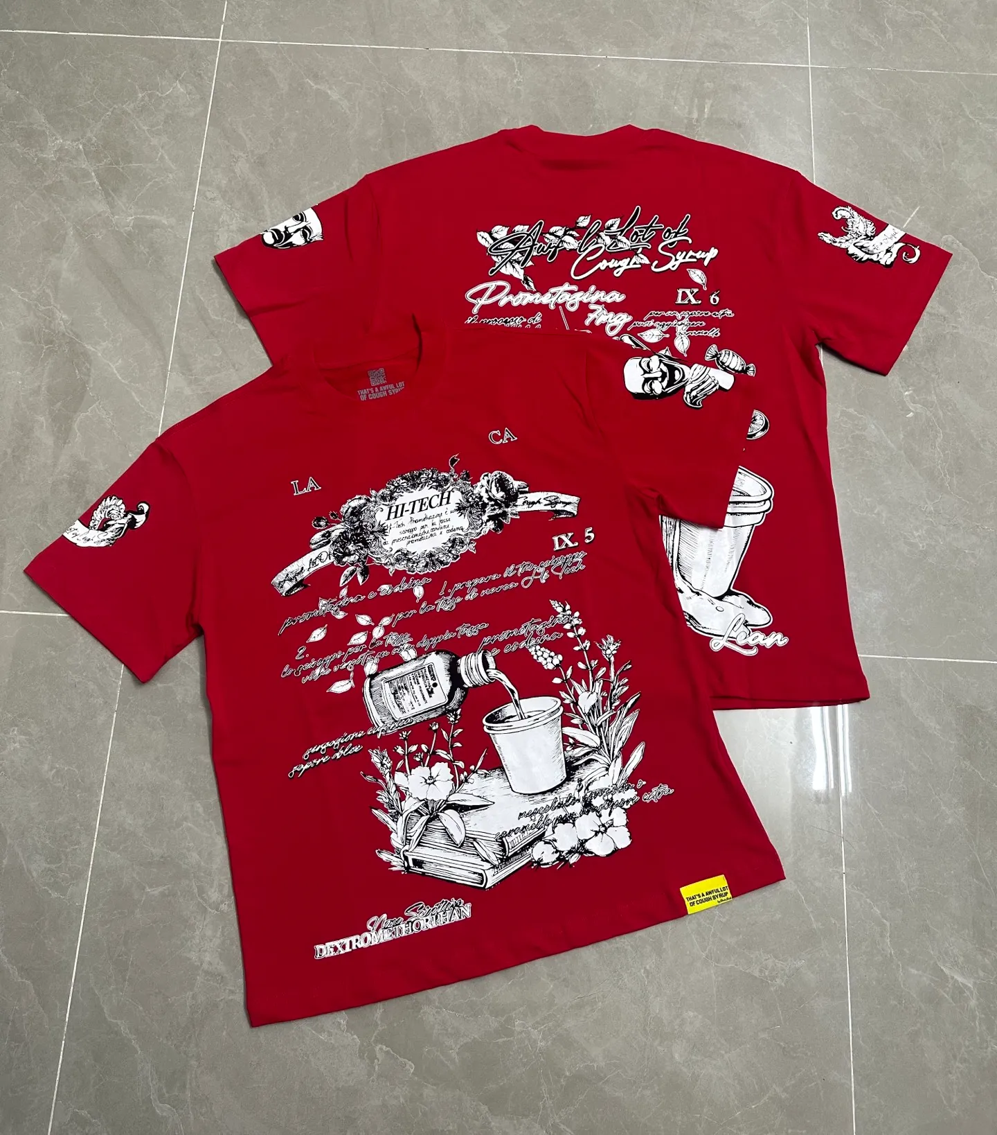 # I THAT'S A AWFUL LOT OF COUGH SYRUP In Stock Real shot American simple trendy brand loose casual T-shirt Fabric (fabric): 32 counts Weight combed double yarn pure cotton Sizes (size): S-M L X L Color (colour): Chinese red